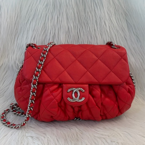 CHANEL 季節款 珊瑚紅 菱格 銀扣 抓皺 鍊條肩背包 斜背包