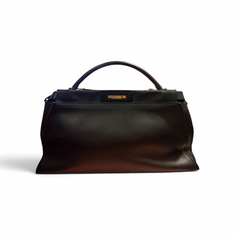 FENDI Peekaboo Iconic Medium 黑色小牛皮 豹紋小牛毛內裡 手提肩背包