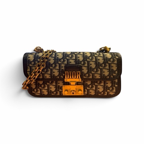 DIOR DiorAddict Oblique Flap Bag 藍色經典緹花帆布 復古金鏈肩背包