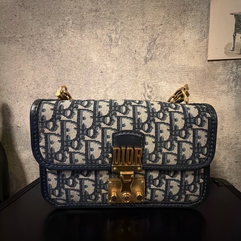 DIOR DiorAddict Oblique Flap Bag 藍色經典緹花帆布 復古金鏈肩背包