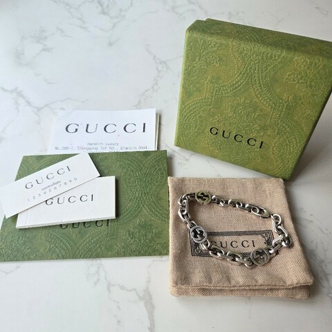 GUCCI Interlocking G 925純銀雙G墜飾環形復古手鍊