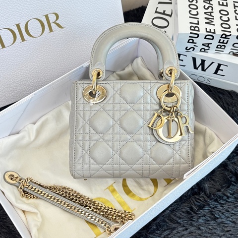 Dior 戴妃包 珠光灰 藤格紋 羊皮 mini 三格