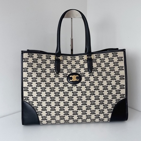 【近新閒置品】Celine賽琳 老花凱旋門手提單肩tote大托特包 黑白熊貓配色帆布拼皮 簡約法式