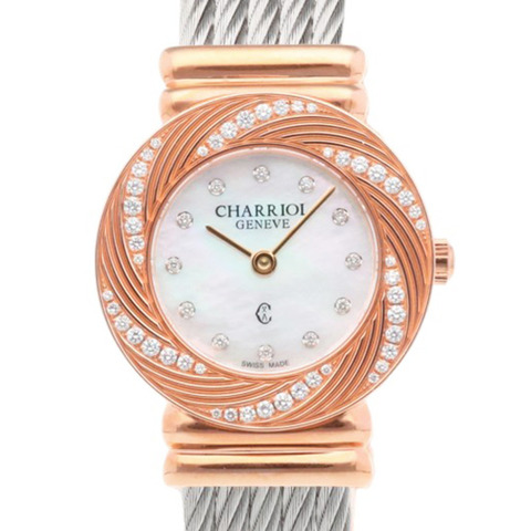 Charriol Saint-Tropez腕錶，不鏽鋼材質，型號028FPD.54.RO019，石英錶，女士錶殼鑲鑽錶圈