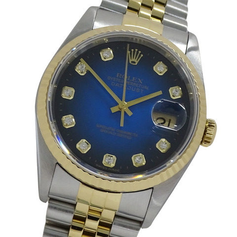 勞力士 Datejust 16233G W 序號男士腕錶，品牌名稱，10 顆鑽石，藍色漸變，自動機芯，不銹鋼 (SS) 和黃金 (YG) 組合。