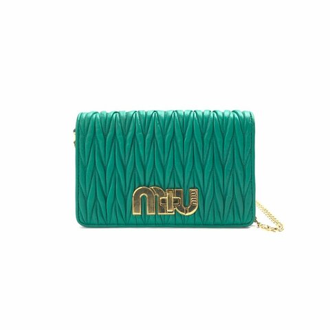 Miu Miu Logo 藍綠色 褶皺 羊皮 金扣 斜背包