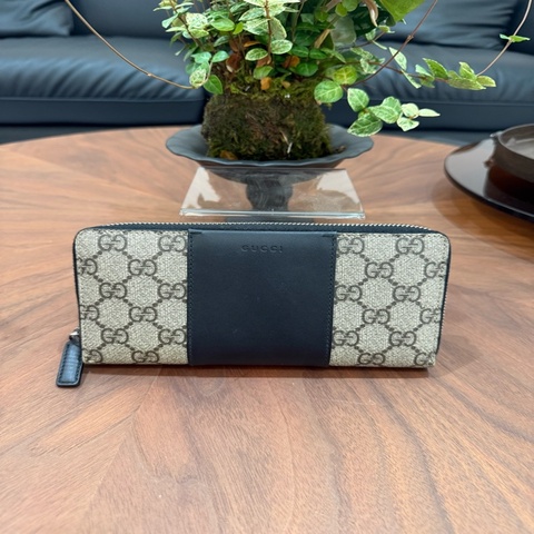 Gucci /古馳經典老花拚牛皮拉鍊長夾錢包