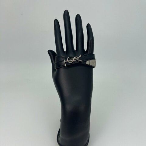 YSL  LOGO 黑皮革雙圈手環