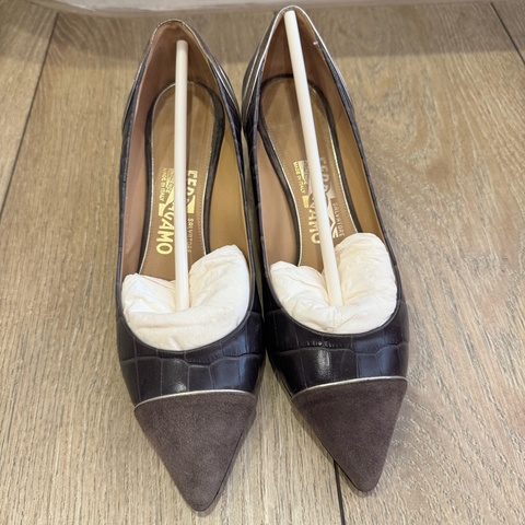 專櫃精品 Salvatore Ferragamo 義大利製 拼接材質尖頭優雅低跟鞋 EU36.5/US 6