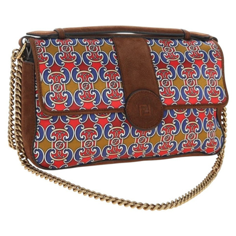 FENDI 鏈條單肩包 麂皮 兩用 棕色 金色 正品 197273SAV