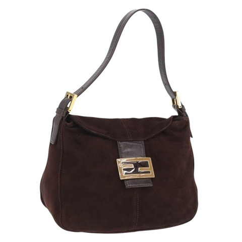 FENDI Mamma Baguette 單肩包 棕色金色麂皮 正品 203494V
