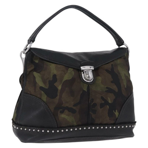 PRADA 尼龍皮革肩包 卡其色 銀色 BR4549 正品 am12573V