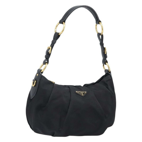 PRADA 黑色金色尼龍肩包，正品 201478V
