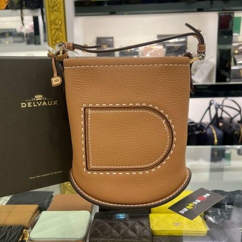 東區正精品㊣DELVAUX PIN Mini Bucket 全新未使用金棕色全皮白縫線菜籃子水桶包手提包 RZ6560