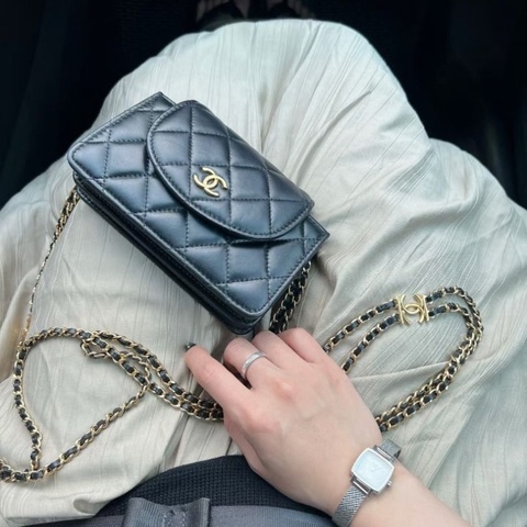 Chanel 黑金雙鏈條woc 羊皮 15*10*4 9新 配件盒子 塵袋