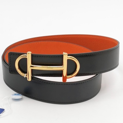 Hermes 愛馬仕 橙色牛皮金屬扣雙面款腰帶