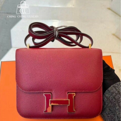 🌈Hermes♥️Mini Constance 19♥️石榴紅拼紅色琺瑯金扣🌟98.5新🌈Epsom皮🌟有盒♥️constance19🌟miniconstance🌟Constance🌟愛馬仕🌟