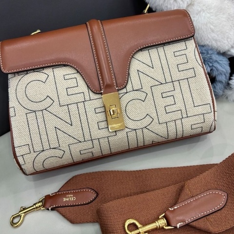 Celine 字母帆布拼皮teen soft16斜背包 亞麻色帆布×棕色 23×15 95新 配件肩帶 塵袋