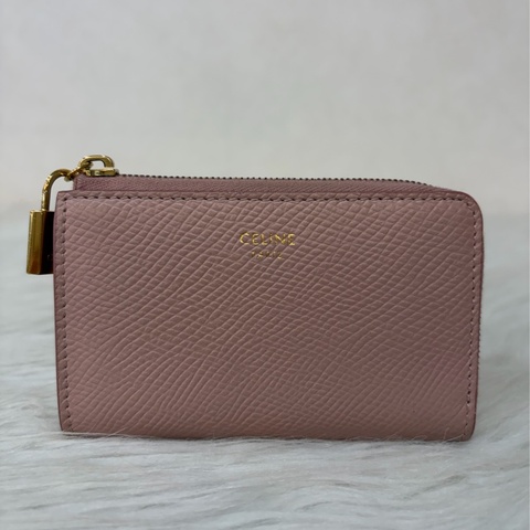 CELINE 藕粉 荔枝皮 牛皮 金釦 風琴式 零錢包 卡夾