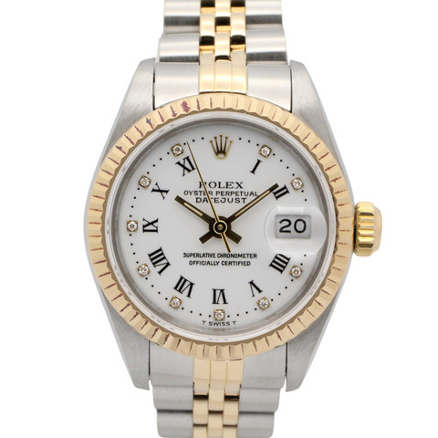 勞力士 Datejust 10P 鑲鑽腕錶，序號 96，18K（黃金）不鏽鋼，女士款，白色錶盤，羅馬數字時標，老款，69173G