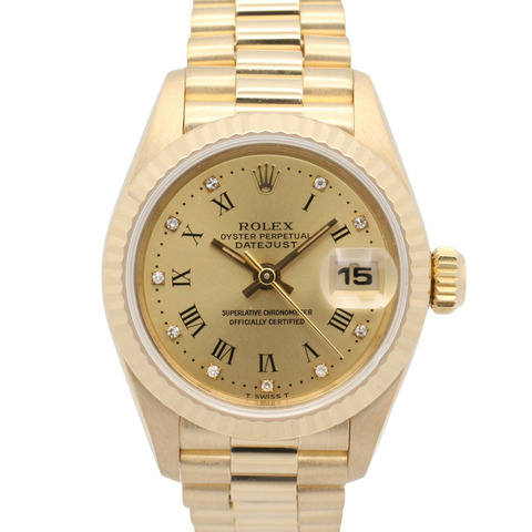 勞力士 Datejust 10P 鑲鑽 E 字頭腕錶，18K（黃金），鑲鑽，女士款，香檳色金錶盤，老款，69178G