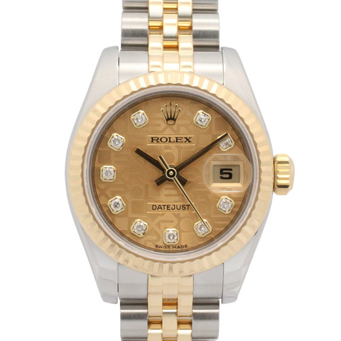 Rolex Datejust 10P 鑲鑽 G 字頭腕錶，18K（黃金）不鏽鋼錶殼，鑲鑽，女款，香檳色金錶盤，電腦錶盤 179173G