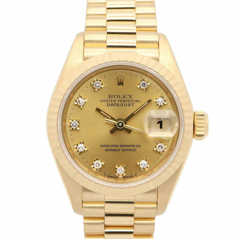 勞力士 Datejust 10P 鑲鑽 L 字頭腕錶，18K（黃金），鑲鑽，女士款，香檳色金錶盤，老款，69178G