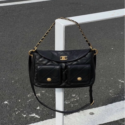 CHANEL✨AS5384黑金荔枝嬉皮包hobo小號