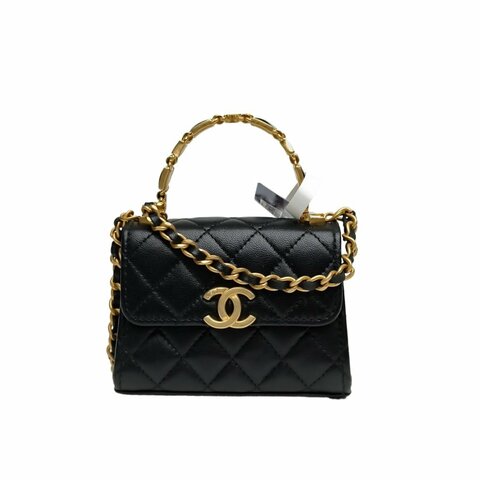 Chanel 22B手柄Kelly包14.5cm黑色羊皮鐳射標金扣幾何琺瑯金屬手柄