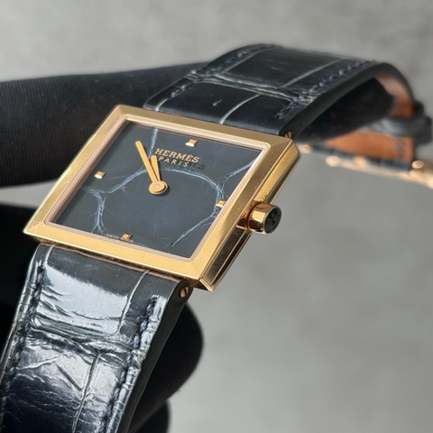 愛馬仕 Hermès Carré Cuir 玫瑰金拼藍色錶帶 女士腕錶