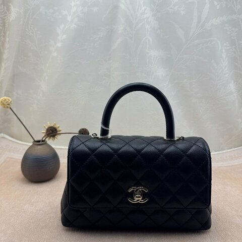 正品香奈兒黑色荔枝紋 Coco Handle 口蓋包