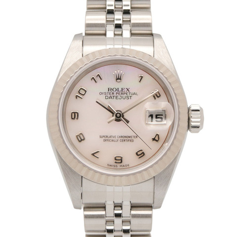 勞力士 Datejust Y 字頭腕錶，18K 白金（WG）精鋼錶殼，女士款，粉紅色珍珠貝母錶盤，阿拉伯數字時標，79174NR