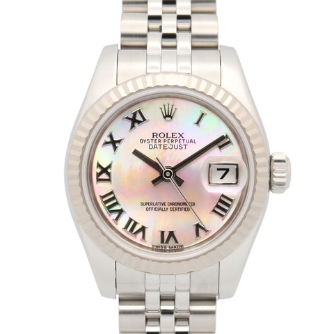 勞力士 Datejust 隨機序號腕錶，18K 白金 (18KWG) 精鋼，女士款，粉色調，珍珠母貝錶鏡，羅馬數字時標，五珠鏈，179174NR