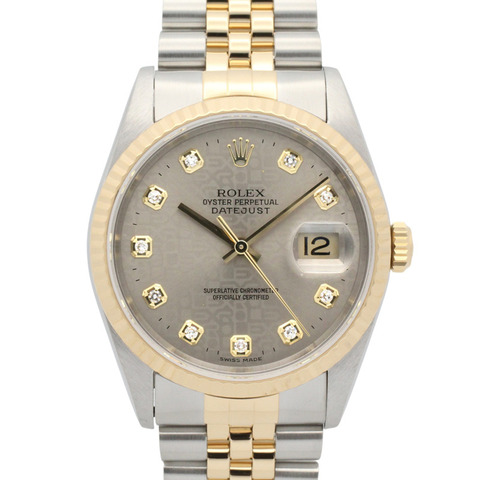 Rolex Datejust 10P 鑲鑽 T 字頭腕錶，18K（黃金）不鏽鋼錶殼，鑲鑽，男錶，灰調錶盤，印刷電腦圖案，全新 16233G