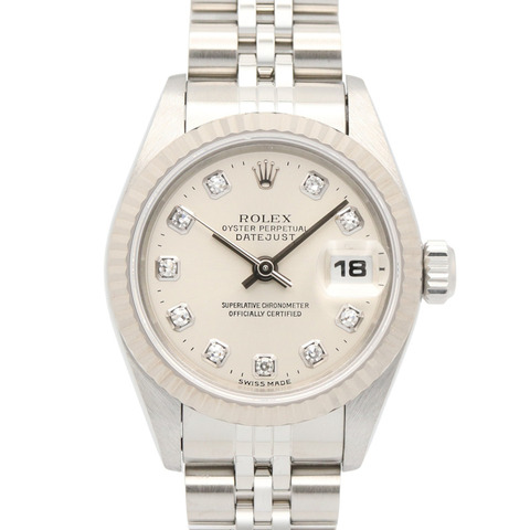 勞力士 Datejust 10P 鑲鑽 U 字頭腕錶，18K 白金（WG）不銹鋼錶殼，鑲鑽，女士款，銀色錶盤，全新 69174G