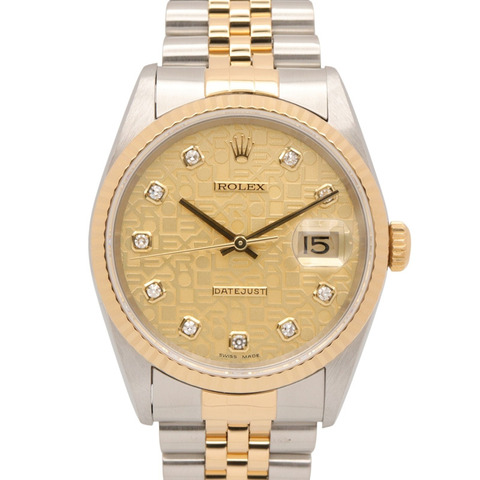勞力士 Datejust 10P 鑲鑽 W 字頭腕錶，18K（黃金）不鏽鋼，鑲鑽，男士，金色錶盤，香檳色，電腦錶盤 16233G