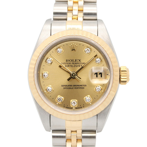 勞力士 Datejust 10P 鑲鑽 W 字頭腕錶，18K（黃金）不鏽鋼錶殼，鑲鑽，女士款，香檳色金錶盤，全新 69173G