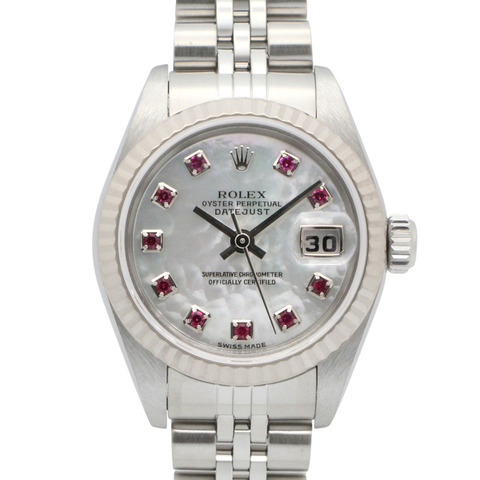 勞力士 Datejust 10P 紅寶石 F 字頭腕錶，18K 白金 (WG)，不銹鋼，紅寶石，女士款，白色/白色珍珠貝母錶盤，79174NGR