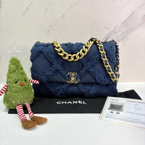 CHANEL 深藍牛仔帆布19口蓋包