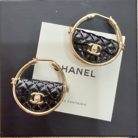 Chanel香奈兒23C黑色菱格紋呼啦圈耳環