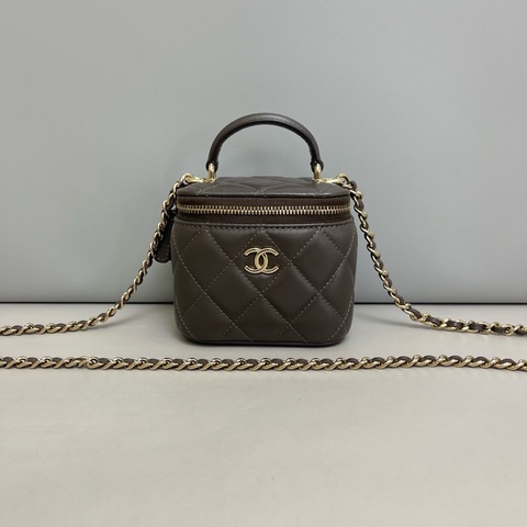 「極新」Chanel/香奈兒深灰色全皮菱格mini手提款盒子化妝包