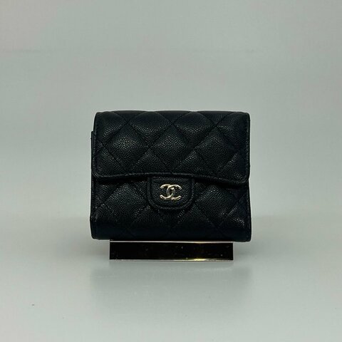 CHANEL CF新版三折短夾黑荔枝淡金扣 AP4383/晶片款