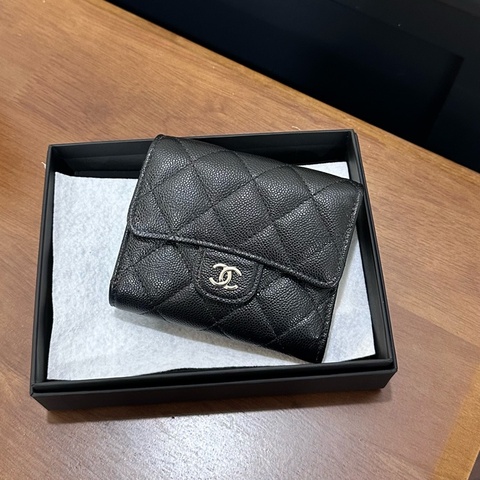 CHANEL CF新版三折短夾黑荔枝淡金扣 AP4383/晶片款