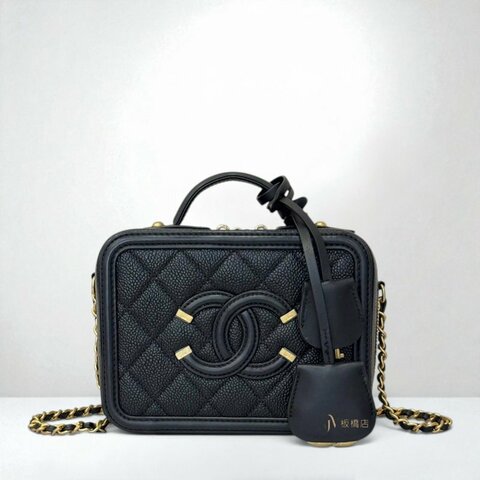 JS0962-chanel vanity case黑金粒紋牛皮大C logo化妝箱小號鏈包17cm