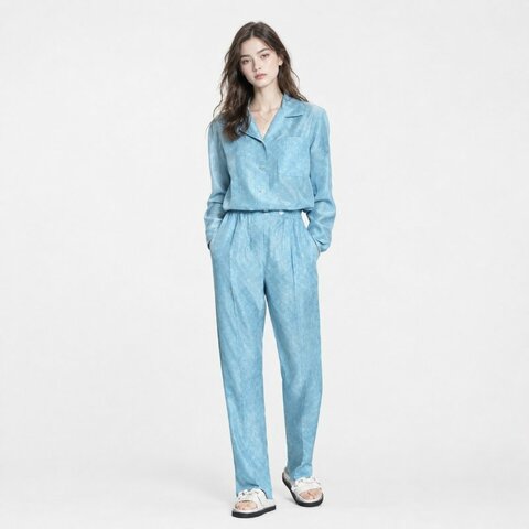 34號☁️::Louis Vuitton:: Cloud Pajama Jumpsuit 100% 桑蠶絲 水藍色MONOGRAM 翻領與前排釦設計連身衣