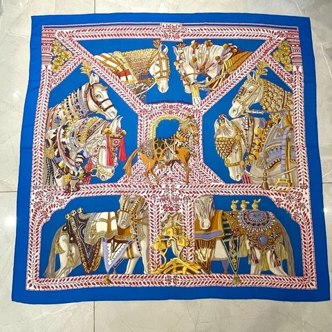 Hermes 愛馬仕 駿馬絲巾/馬爾瓦里舞馬寶藍絲巾/140cm/98新美品