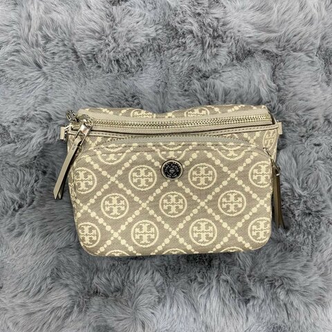 TORY BURCH 淺灰雙層緹花肩背包附兩款背帶
