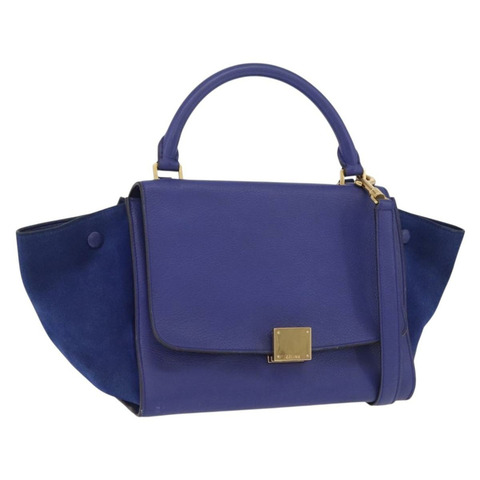 CELINE Trapeze 手提包，絨面革材質，兩用，藍金配色，正品 203775A