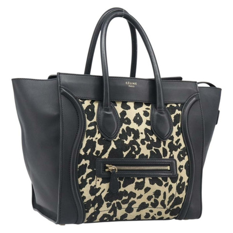 CELINE Luggage Mini Shopper 手提包 帆布皮革 黑色 金色 Auth 203648A