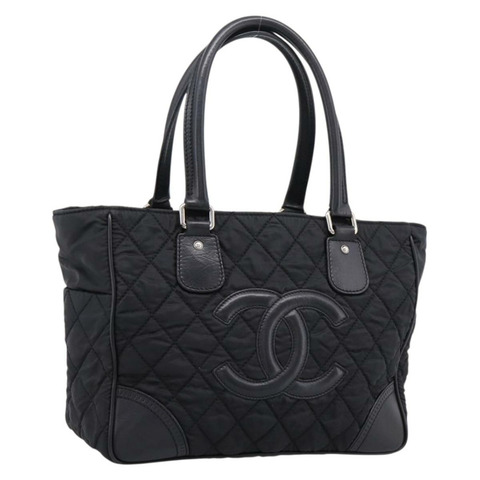 香奈兒 (CHANEL) 絎縫尼龍手提包 黑色 銀色 CC 標誌 正品 BA15575A